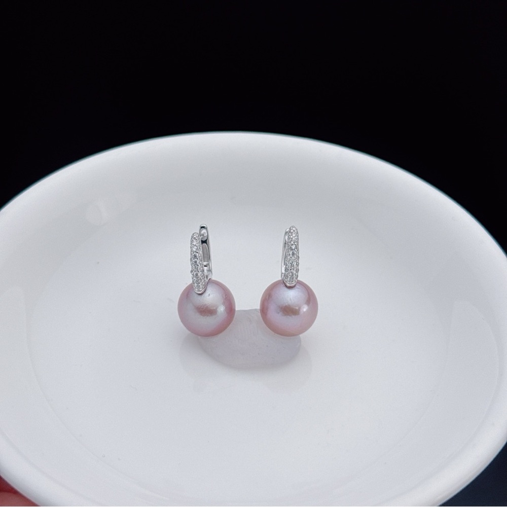 High Quality Lavender Pink Pearl Drop Earrings with Silver Pave Hardware
